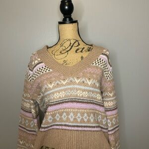 Women's V-Neck Patterned Sweater - Tan and Pink